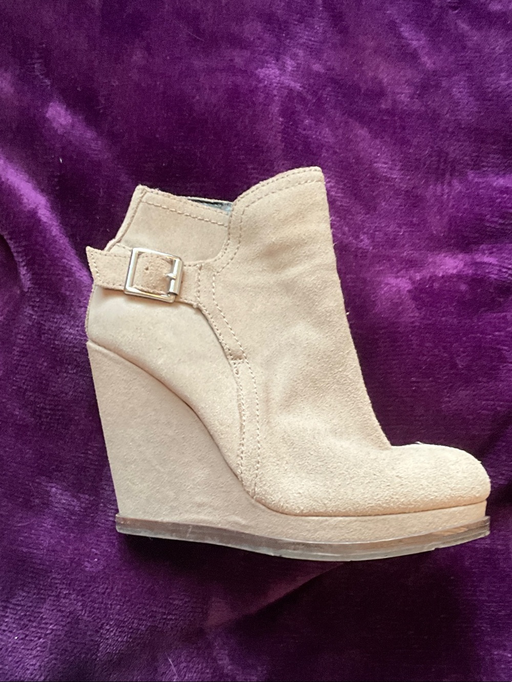 DV by Dolce Vita Tan Suede Wedge Ankle Booties with Side Zip and Buckle